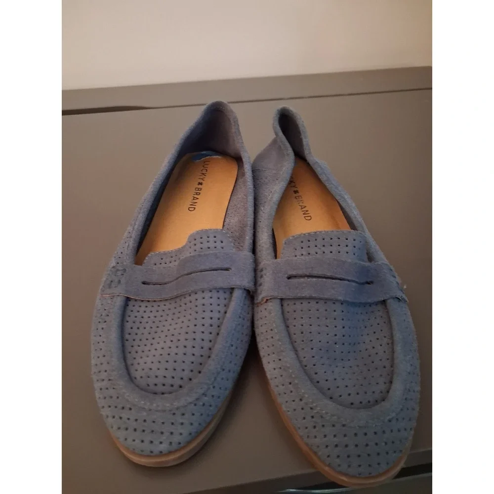 Lucky Brand Blue Suede Perforated Penny Loafers Size 7.5M Low Stacked Heel